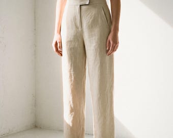 Wide Leg Linen Trousers in Wheat | 100% Linen Trousers for Women, Handmade Made to Order, Plus Size