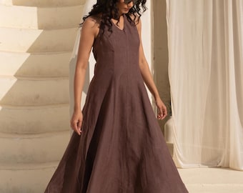 Linen Midi Dress: Sleeveless V Neck Summer Cocktail Dress