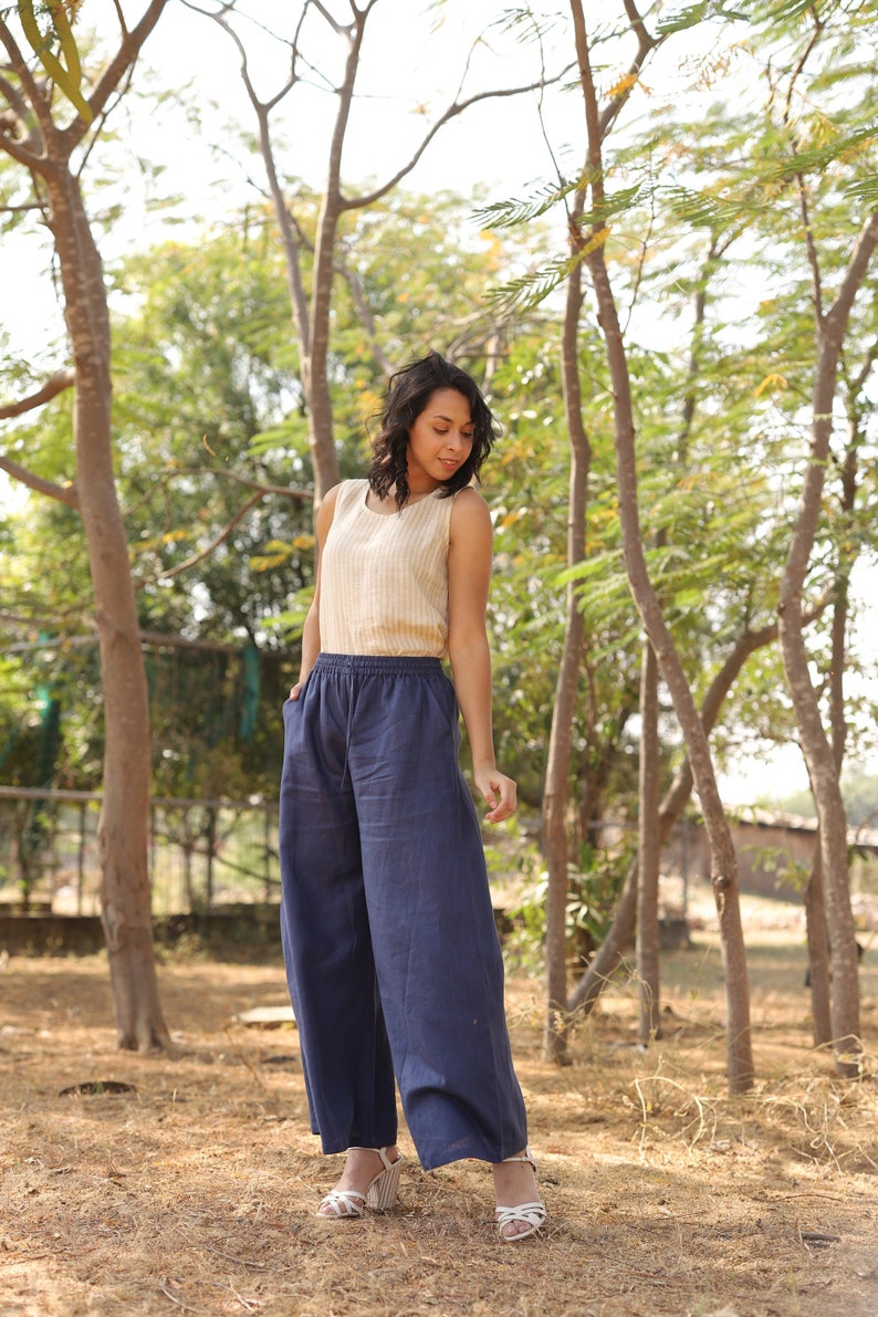 Blue Linen Pants, Washed Linen Bottoms, Palazzo, High Waisted, Baggy Pants With Pockets, Loose Fit, Wide Leg Pants, Plus Size Clothing image 1