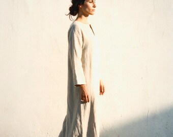 Long Sleeve Linen Kaftan in Natural | 100% Linen Dress for Women, Handmade Made to Order, Plus Size