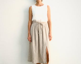 Gathered Linen Midi Skirt in Natural | 100% Linen Skirt for Women, Handmade Made to Order, Plus Size