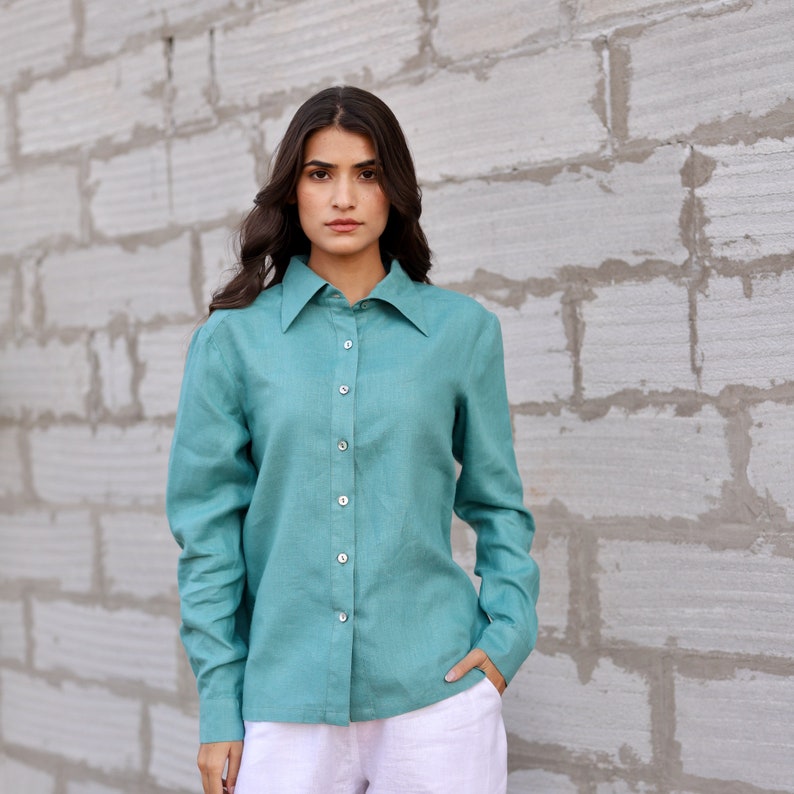 Blue Linen Shirt, Button Up Blouse with Long Sleeves, Washed Organic Linen, Casual Shirt For Women, Plus Size and Custom Design image 2