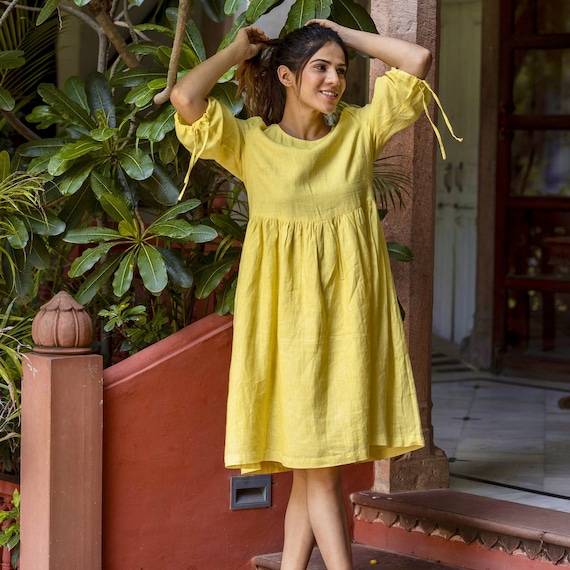 Yellow Linen Tunic Dress: Oversized Round Neck, Plus Size - Etsy