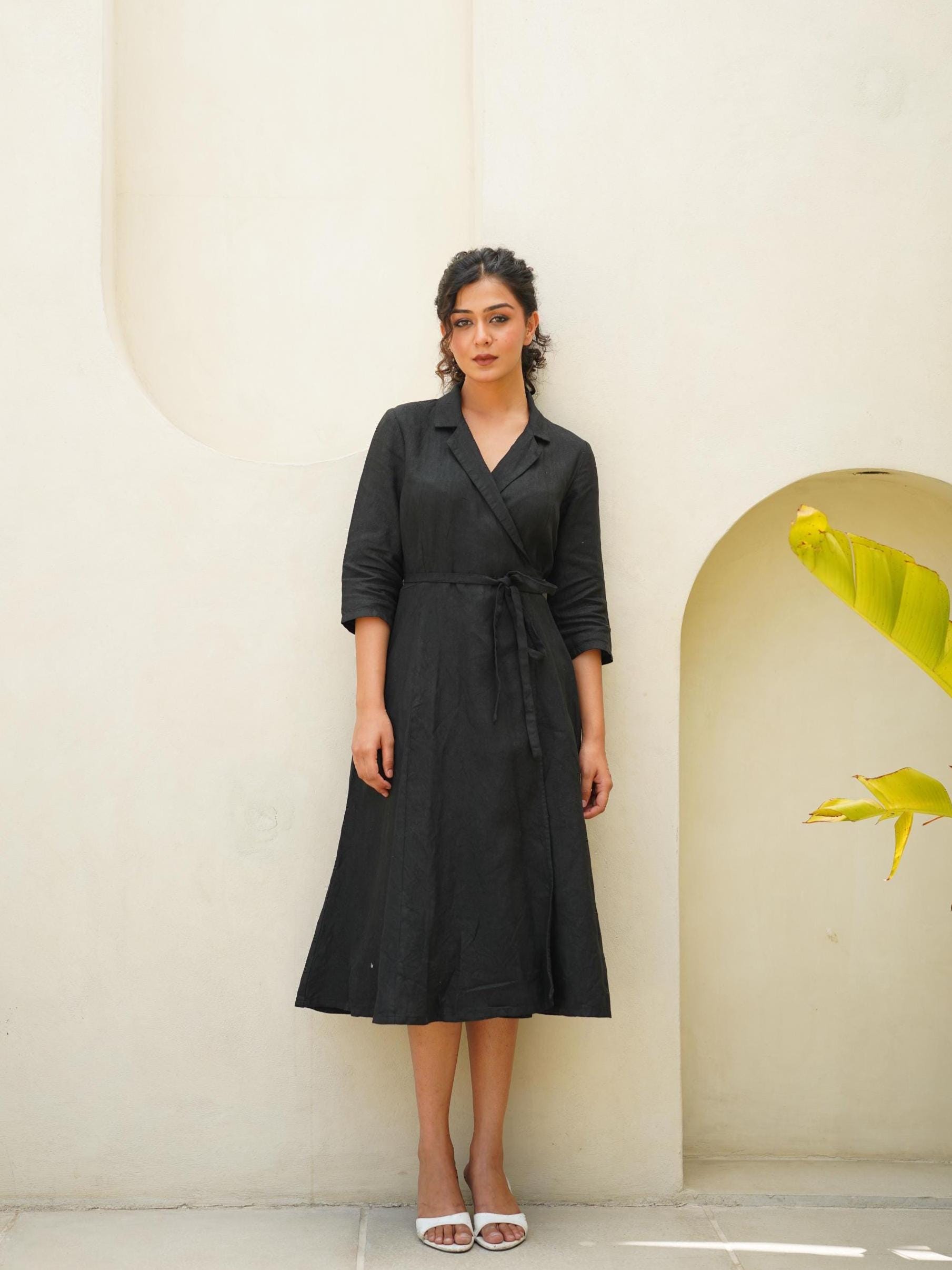 black wrap shirt dress Black Linen Wrap Dress With Collar & Pockets, Plus Size Clothing