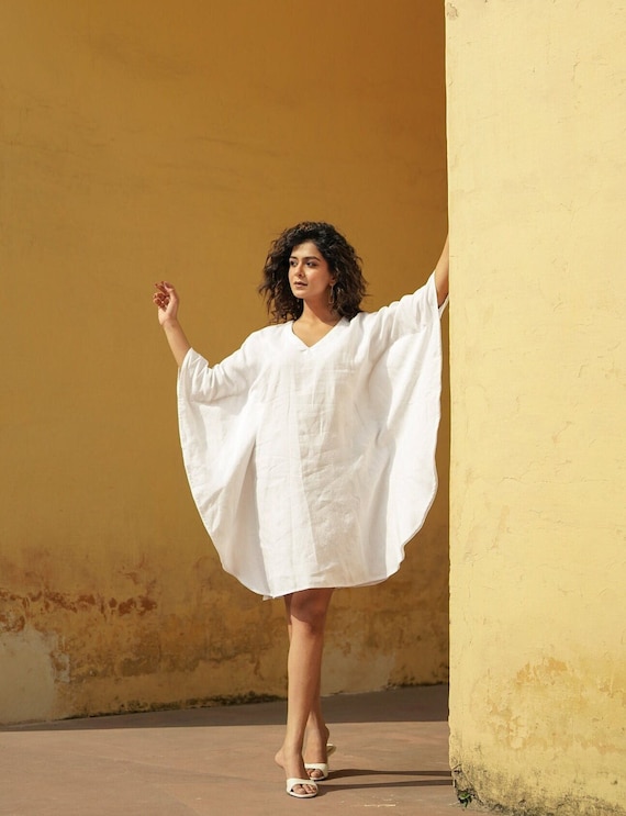 linen kaftan dress Shell Print Maxi in Blend Ivory and thermo regulating Blue Linen Maxi Dress Kaftan