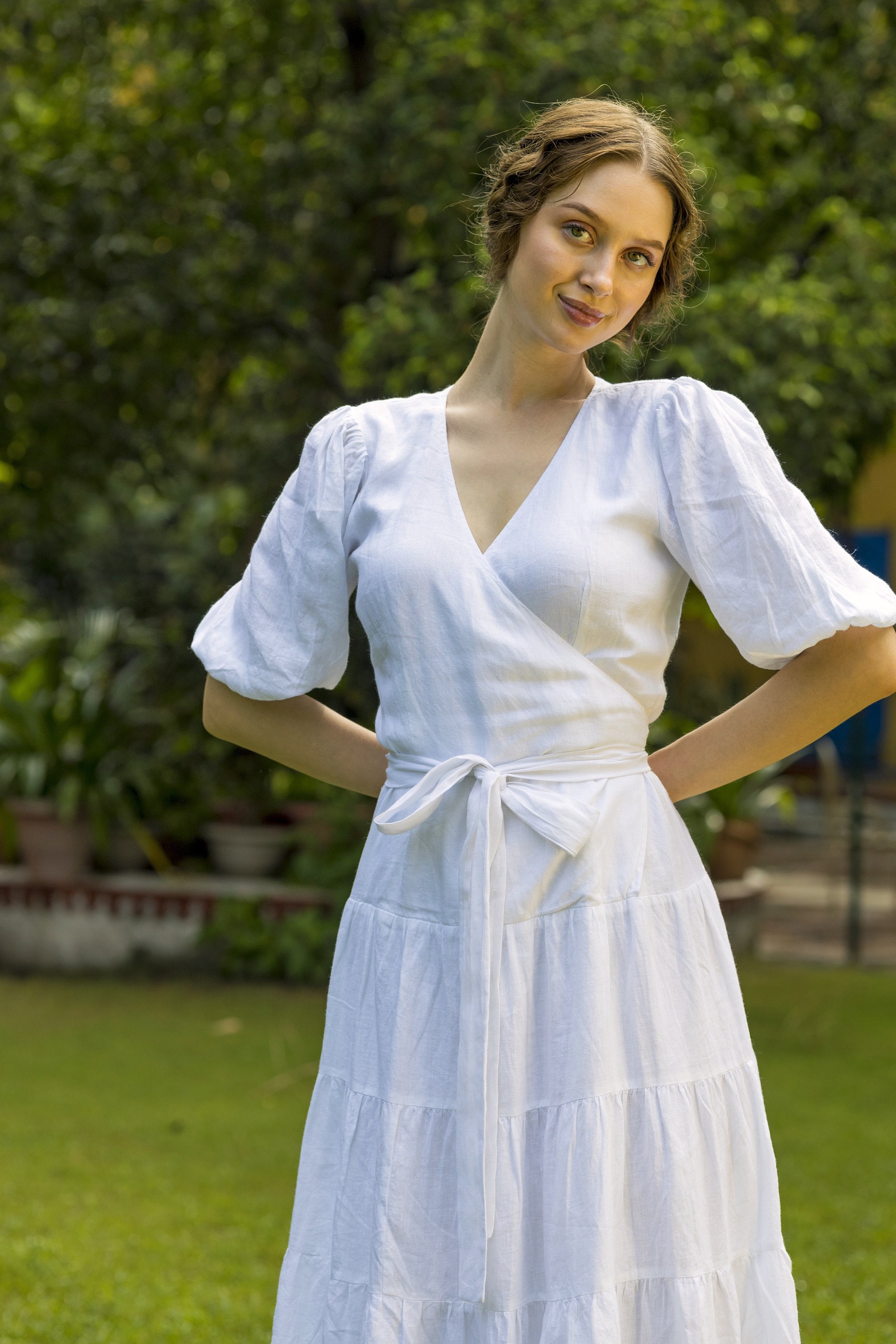 White Linen Midi Dress, Tiered Skirt, Puff Sleeves, Wrap Closure, Plus Size  Clothing - Etsy