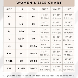 The size selection chart for this white linen dress by Ellementree on Etsy. All fits are true to size.