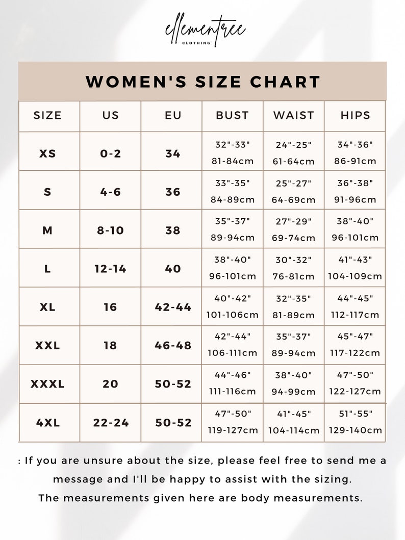 The size selection chart for this white linen dress by Ellementree on Etsy. All fits are true to size.
