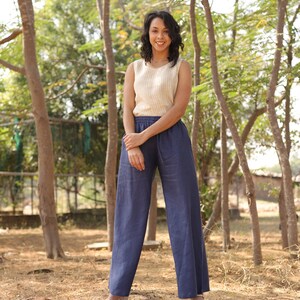 Blue Linen Pants, Washed Linen Bottoms, Palazzo, High Waisted, Baggy Pants With Pockets, Loose Fit, Wide Leg Pants, Plus Size Clothing image 5