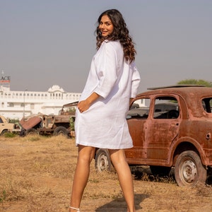 Oversize White Linen Dress with Batwing Sleeve, Round Neck Modest Dress, Loose Fit Linen Tunic with Pockets, Plus Size Clothing image 4