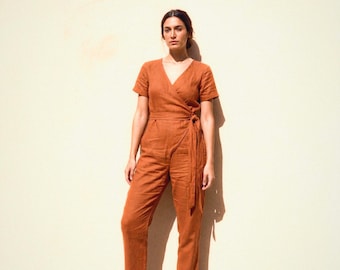 Wrap Linen Jumpsuit in Cinnamon | 100% Linen Jumpsuit for Women, Handmade Made to Order, Plus Size