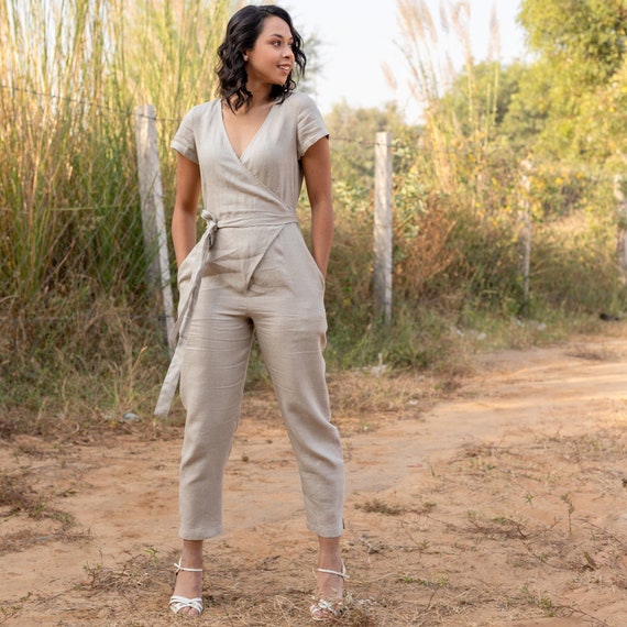 Natural Linen Jumpsuit, Wrap - Plus Petite Neck Dress, Organic Romper, Boho V Size With Playsuit Norway Kimono and Grey Washed Clothing Etsy Pockets