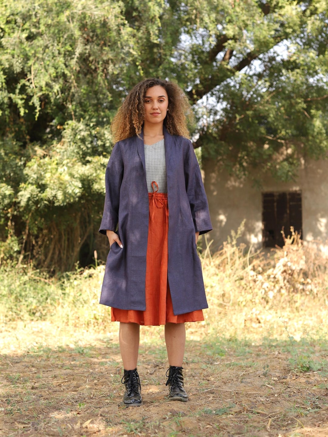 ポケット付きロングリネンカーディガン、オーバーサイズフラックス