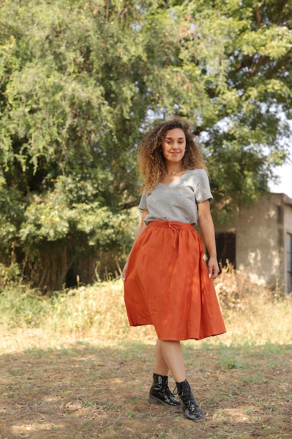 Orange Linen Skirt, High Waisted Circle Skirt, Knee Length, Loose Frock  With Pockets, Plus Size Organic Flax Clothing, Terracotta Rust Boho 