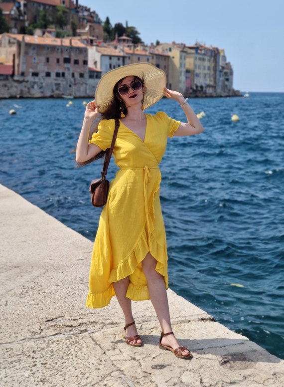 Linen Wrap Dress With Frills: V Neck Midi, Short Sleeve - Etsy
