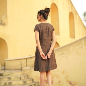 Brown Linen Dress with Cap Sleeves, Boat Neck Linen Tunic with Princess Seams, Midi Length Linen Dress, Plus Size Clothing image 7