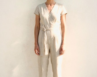 Wrap Linen Jumpsuit in Natural | 100% Linen Jumpsuit for Women, Handmade Made to Order, Plus Size