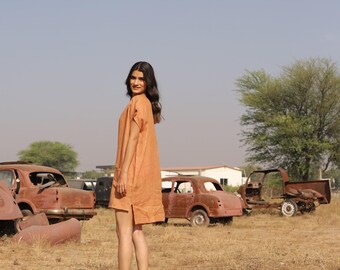 Boxy Linen Shift in Apricot | 100% Linen Dress for Women, Handmade Made to Order, Plus Size