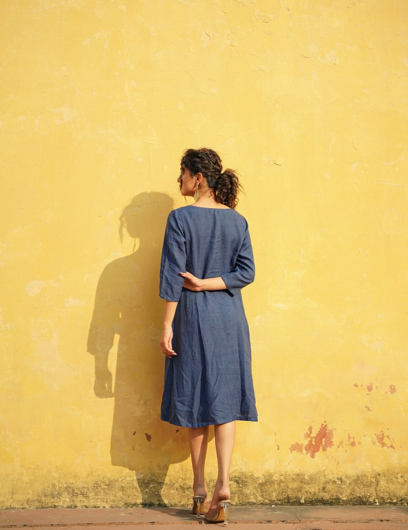 Button Down Linen Dress with Long Sleeve, V Neck Washed Linen Dress image 5