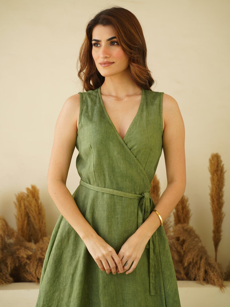 Sleeveless Linen Wrap Dress, V Neck Midi Linen Dress image 8