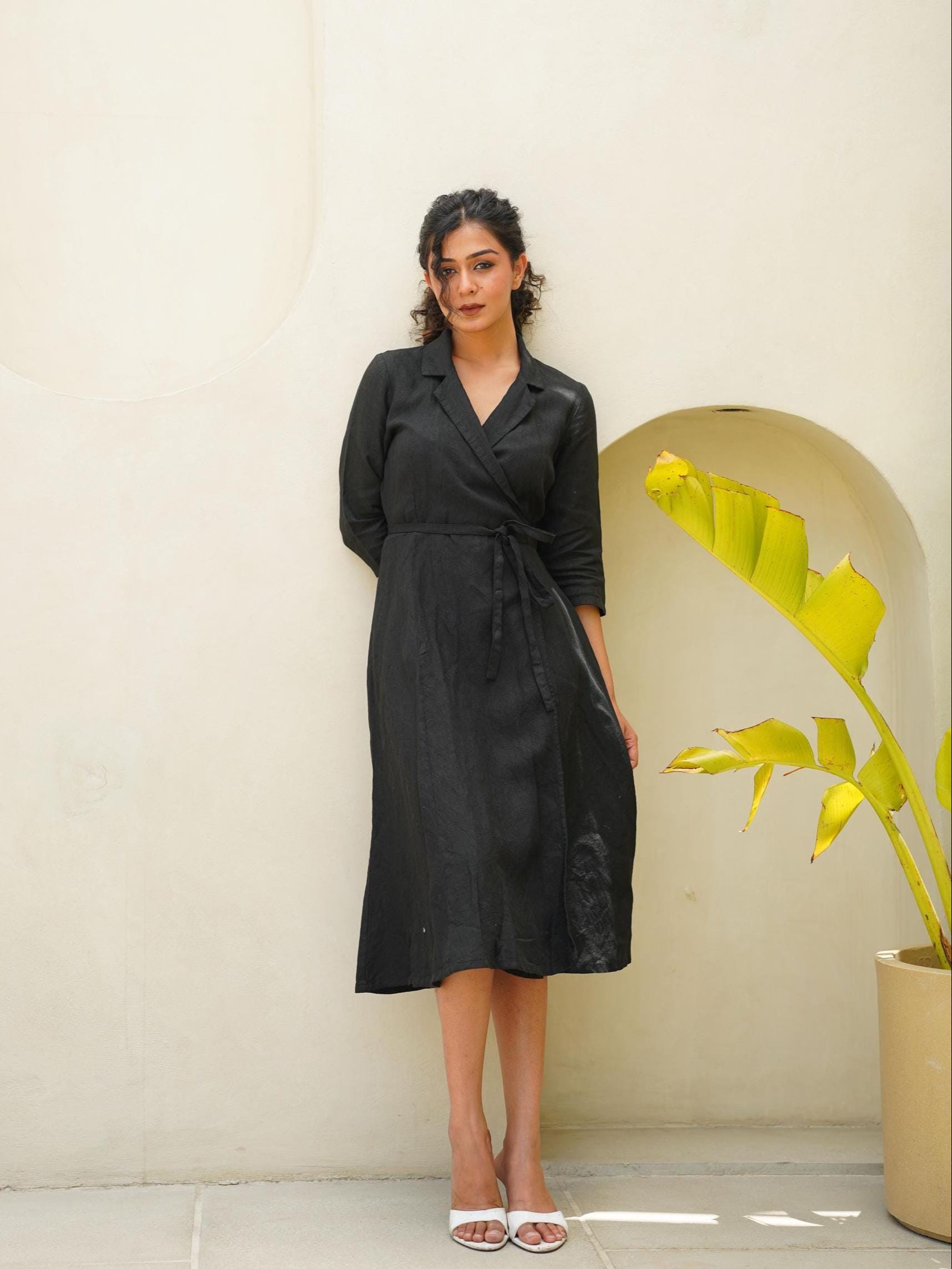 Black Linen Wrap Dress With Collar & Pockets, Plus Size Clothing - Etsy