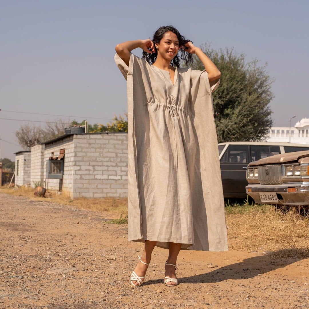 Natural Linen Kaftan Dress: Empire Waist Gown With Pockets - Etsy Natural Linen Kaftan Dress: Empire Waist Gown With Pockets - Etsy