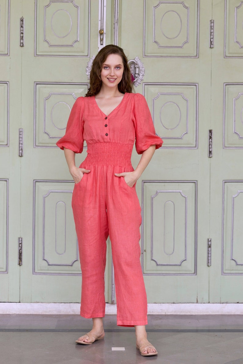 V Neck Linen Jumpsuit, Linen jumper with Straight Legged Pants, Plus Size Clothing by Ellementree image 2