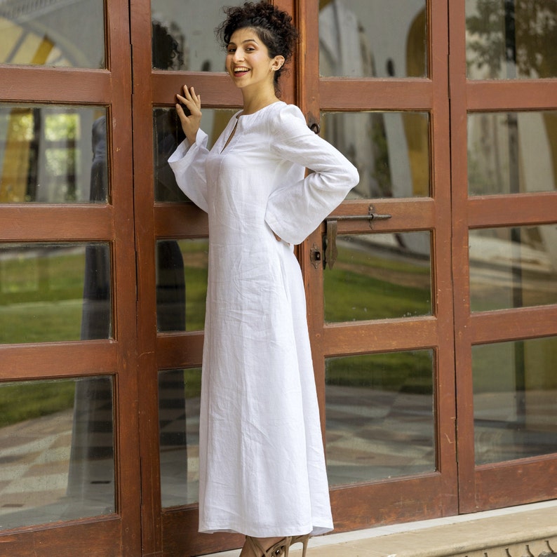 White linen kaftan dress, split neckline boho tunic, soft cotton lined dress, full sleeve with functional pockets