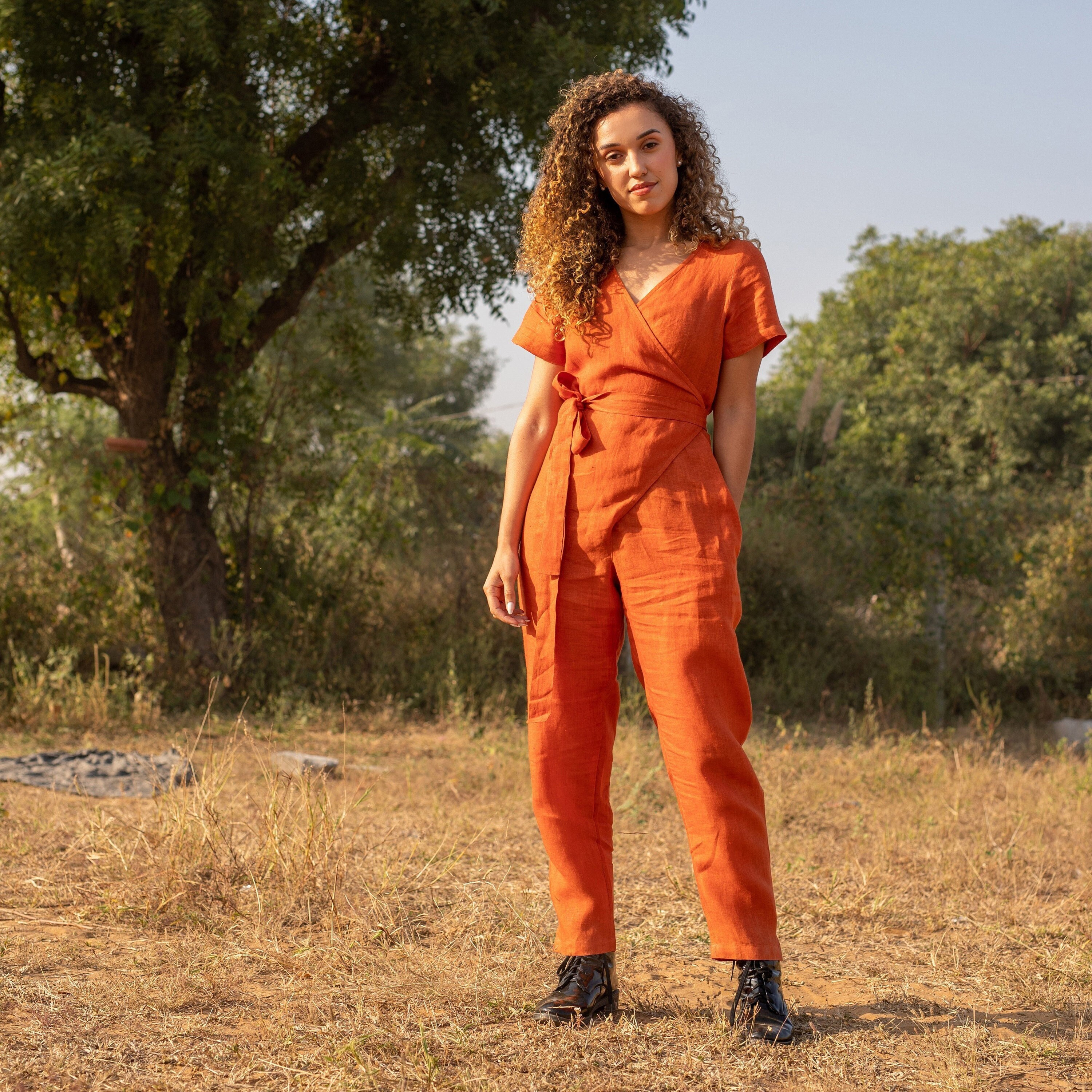 Orange Linen Jumpsuit, Boho Romper With Pockets and Zipper, Loose Elastic  Waistband Bodysuit, Plus Size Wide Pants, Custom Petite Clothing 