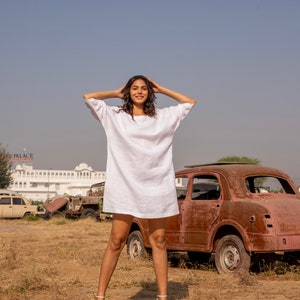 Oversize White Linen Dress with Batwing Sleeve, Round Neck Modest Dress, Loose Fit Linen Tunic with Pockets, Plus Size Clothing image 8