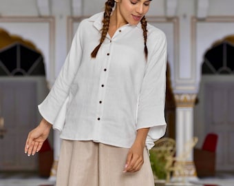 Haut cape en lin blanc, chemisier boutonné coupe ample, chemise doublée surdimensionnée avec manches cape, chemise à épaules tombantes par Ellementree