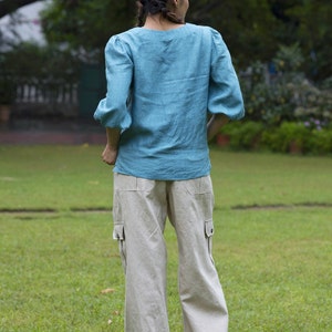 wide legged linen cargo pants, washed flax work pants with functional pockets