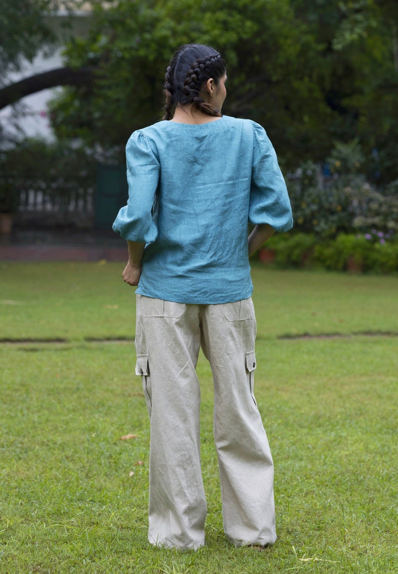 wide legged linen cargo pants, washed flax work pants with functional pockets