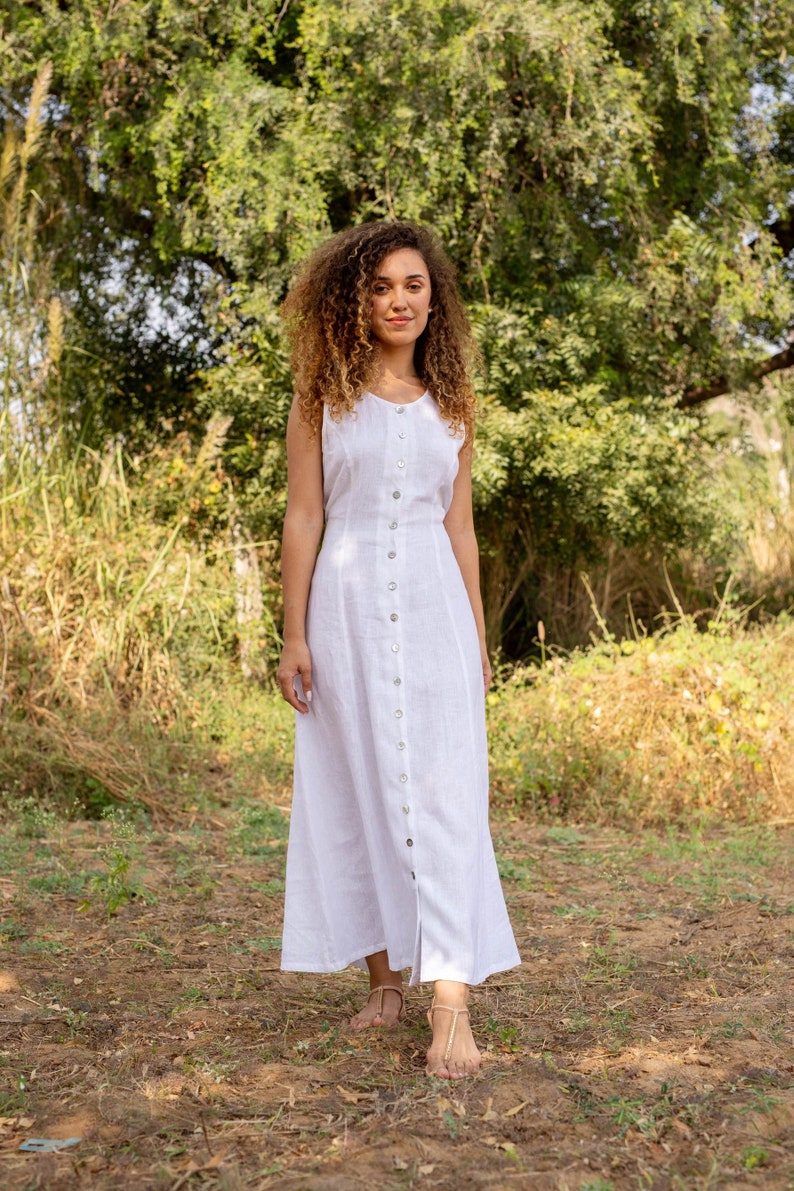 Sleeveless White Linen Dress, Loose Tunic, Comfy Summer Maxi , Boho Gown With Pockets, Organic Washed, Plus Size Petite, Custom Size 