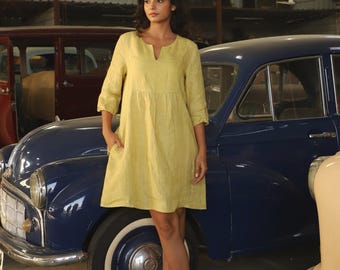 Gathered Yoke Linen Dress in Chartreuse | 100% Linen Dress for Women, Handmade Made to Order, Plus Size