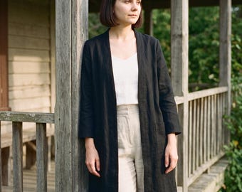 Long Linen Duster Coat in Black | 100% Linen Jacket for Women, Handmade Made to Order, Plus Size