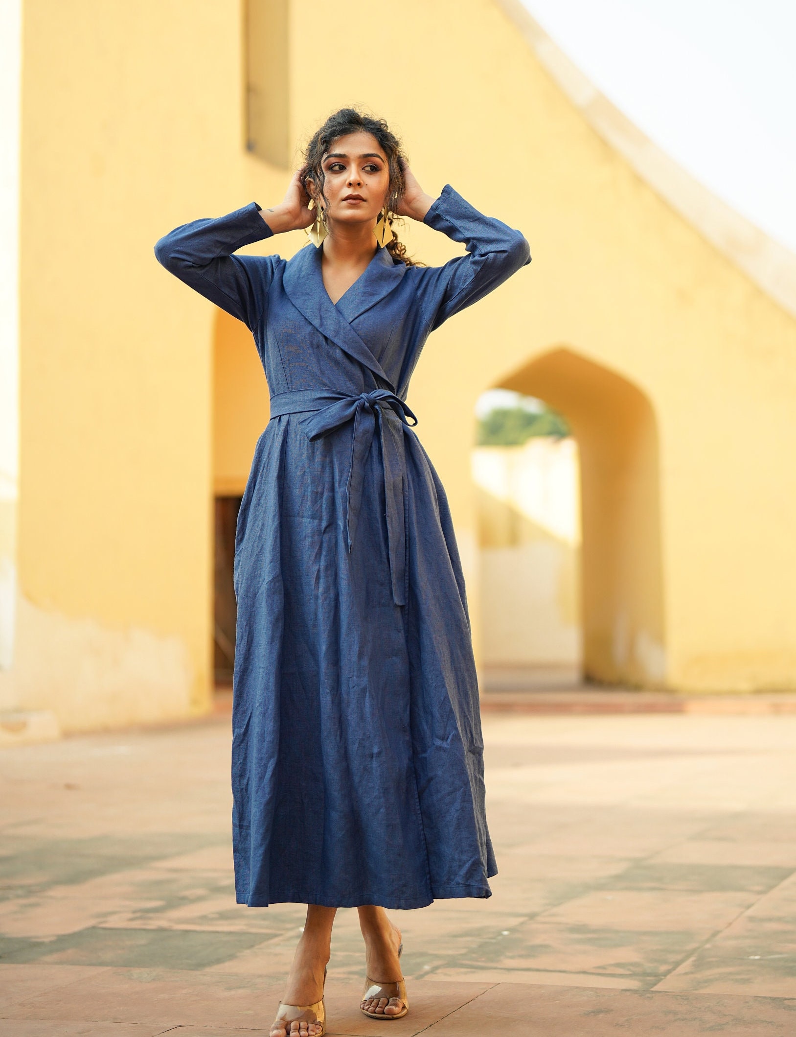 wrap dress for older ladies Indigo Linen | Shawl Collar Maxi Robe, Plus Size Clothing purpleyellow
