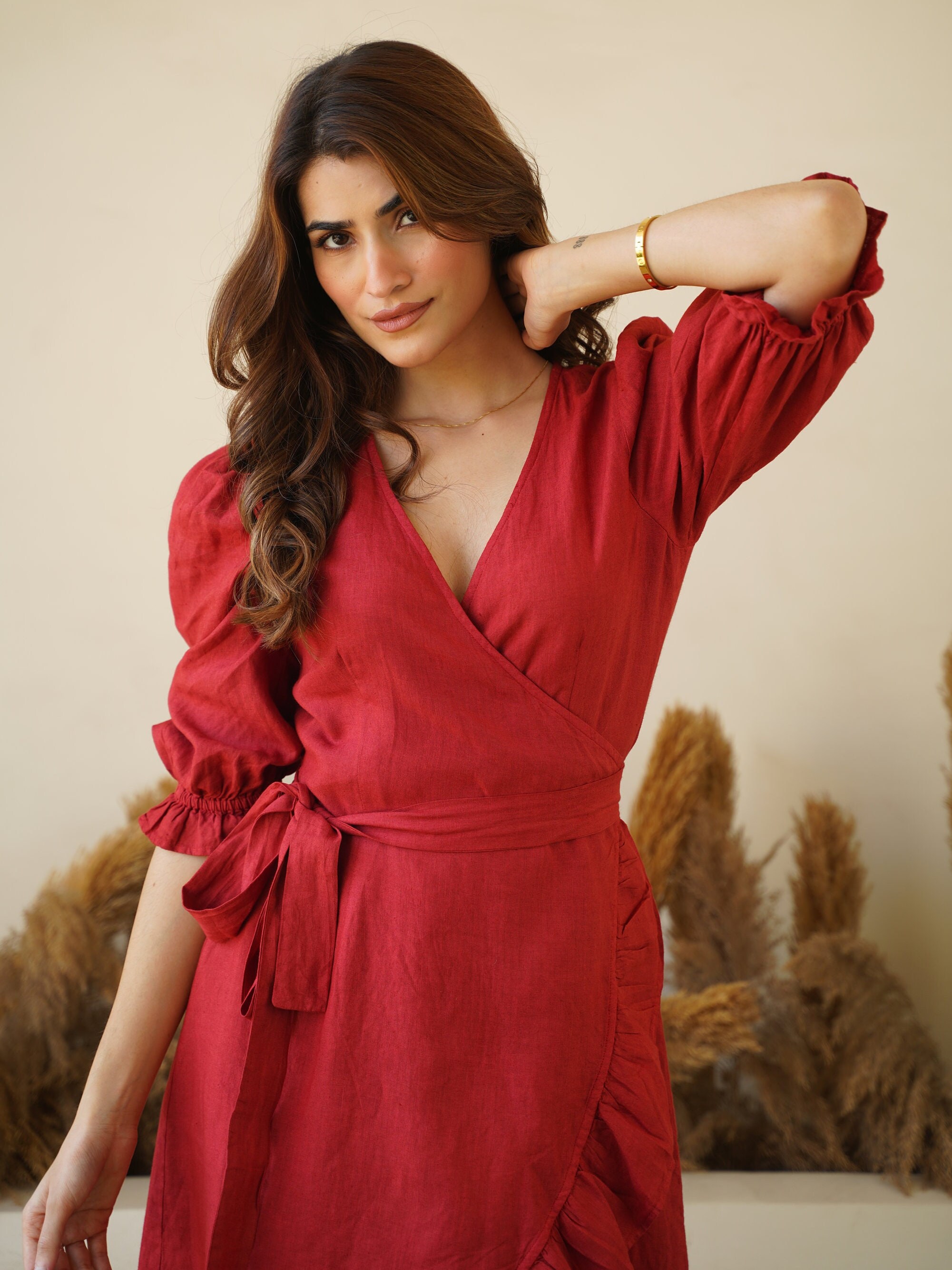 Linen Wrap Dress With Frills, V Neck Midi Linen Dress With