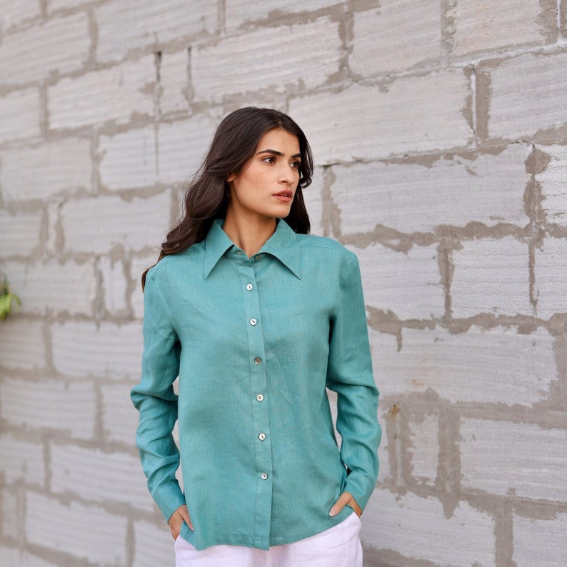 Blue Linen Shirt, Button Up Blouse with Long Sleeves, Washed Organic Linen, Casual Shirt For Women, Plus Size and Custom Design image 1