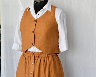 Cropped Linen Vest Top: Button Front, Plus Size Clothing