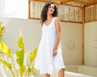 White Linen V-Neck Dress: Sleeveless Midi, Plus Size