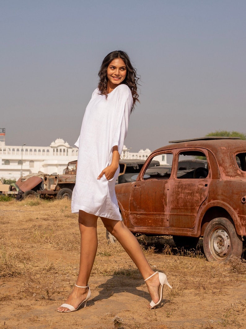 Oversize White Linen Dress with Batwing Sleeve, Round Neck Modest Dress, Loose Fit Linen Tunic with Pockets, Plus Size Clothing image 1