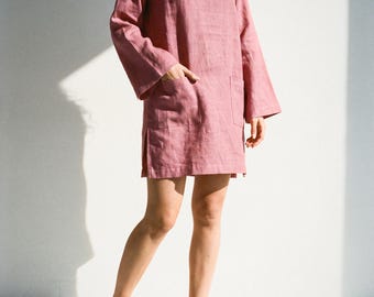 Oversized Linen Shift in Rose | 100% Linen Dress for Women, Handmade Made to Order, Plus Size