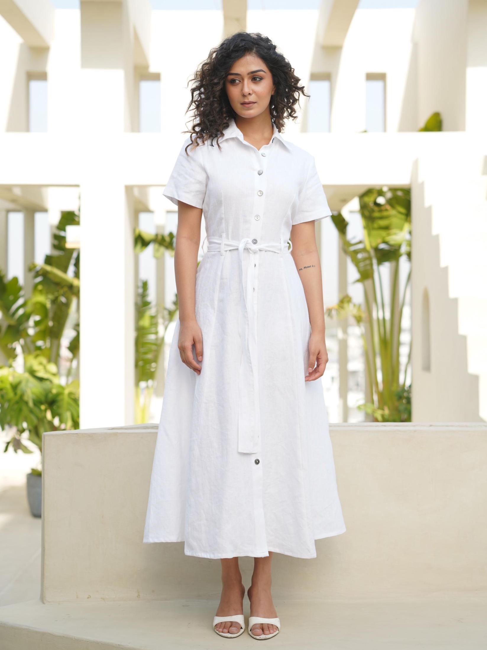 Loose Fit Linen Maxi Dress with Belt: Handmade Button-Down Shirt Dress, Plus Size Clothing