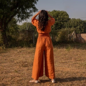Orange Linen Jumpsuit, Boho Romper With Pockets and Zipper, Loose Elastic Waistband Bodysuit, Plus Size Wide Pants, Custom Petite Clothing image 5