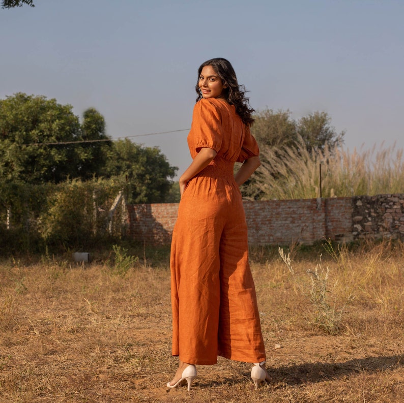 Orange Linen Jumpsuit, Boho Romper With Pockets and Zipper, Loose Elastic Waistband Bodysuit, Plus Size Wide Pants, Custom Petite Clothing image 6