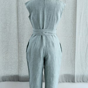 Cap Sleeve Linen Jumpsuit, V neck Wrap Playsuit with Collar and Pockets, Organic Kimono Dress, Long Boho Romper, Petite Plus Size Clothing image 6