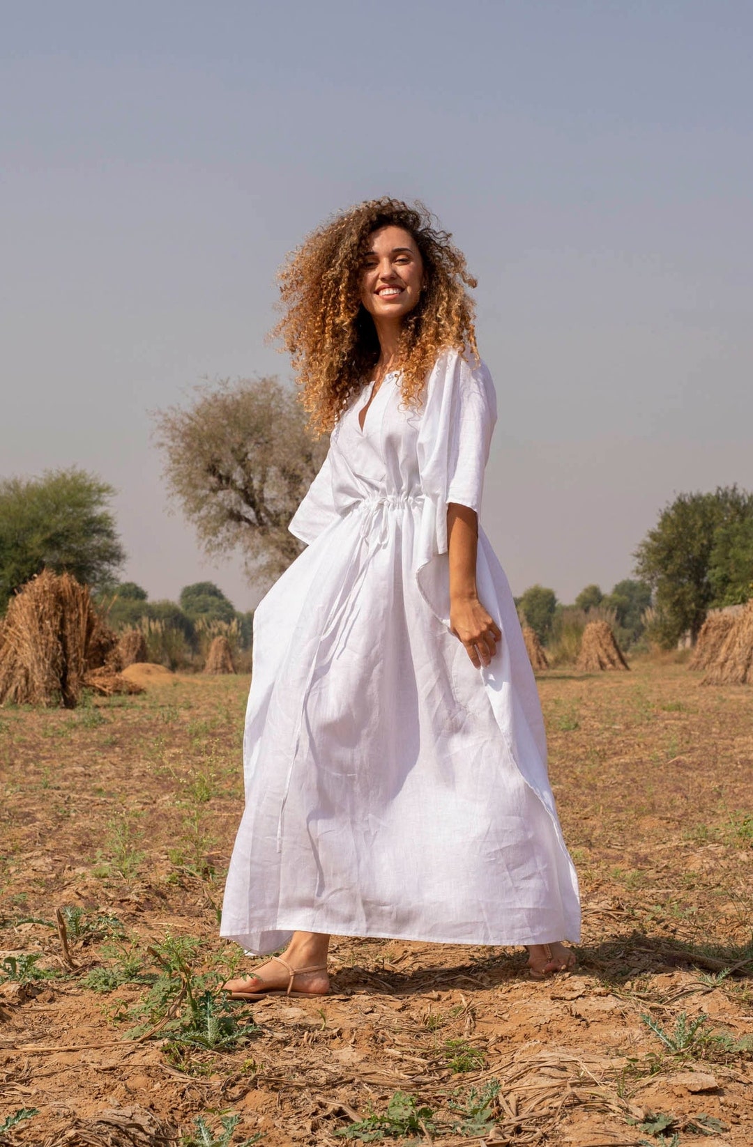 Long White Linen Kaftan Dress Lined Maxi Dress With Waist Tie - Etsy Israel