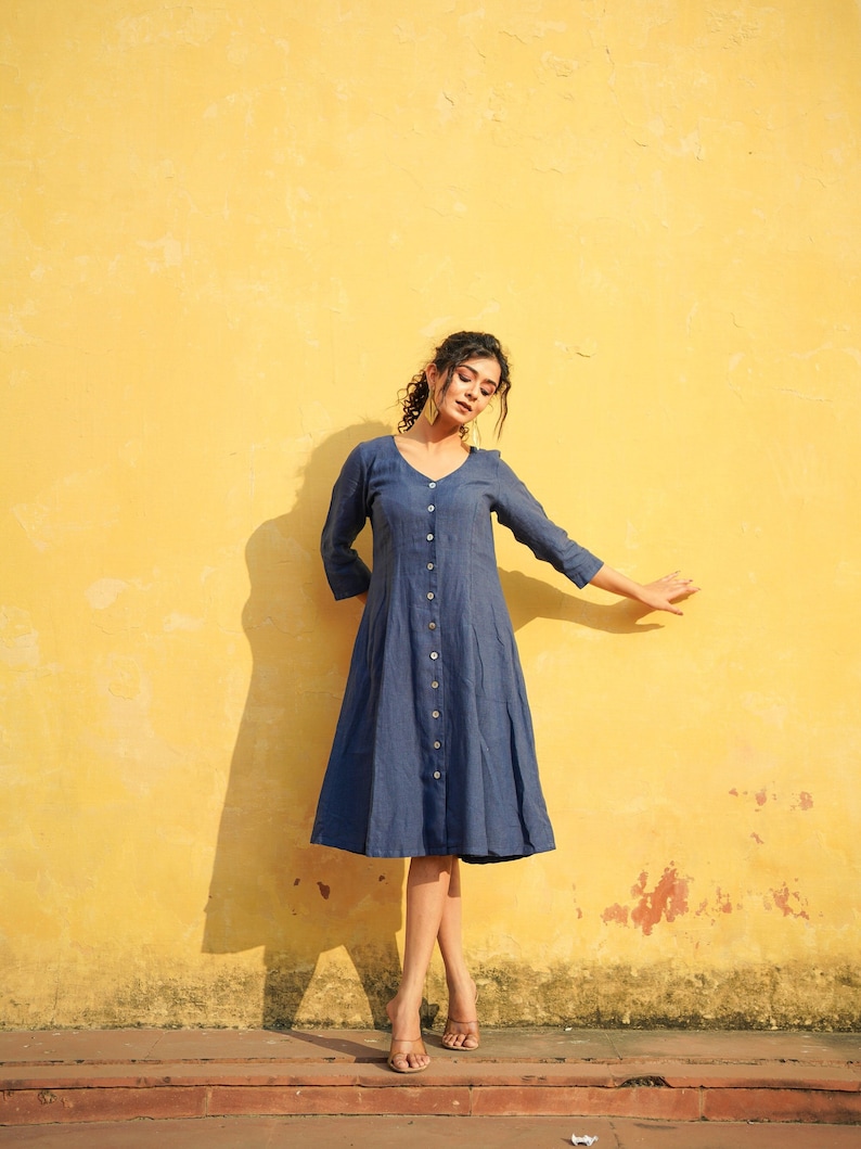 Button Down Linen Dress with Long Sleeve, V Neck Washed Linen Dress image 3