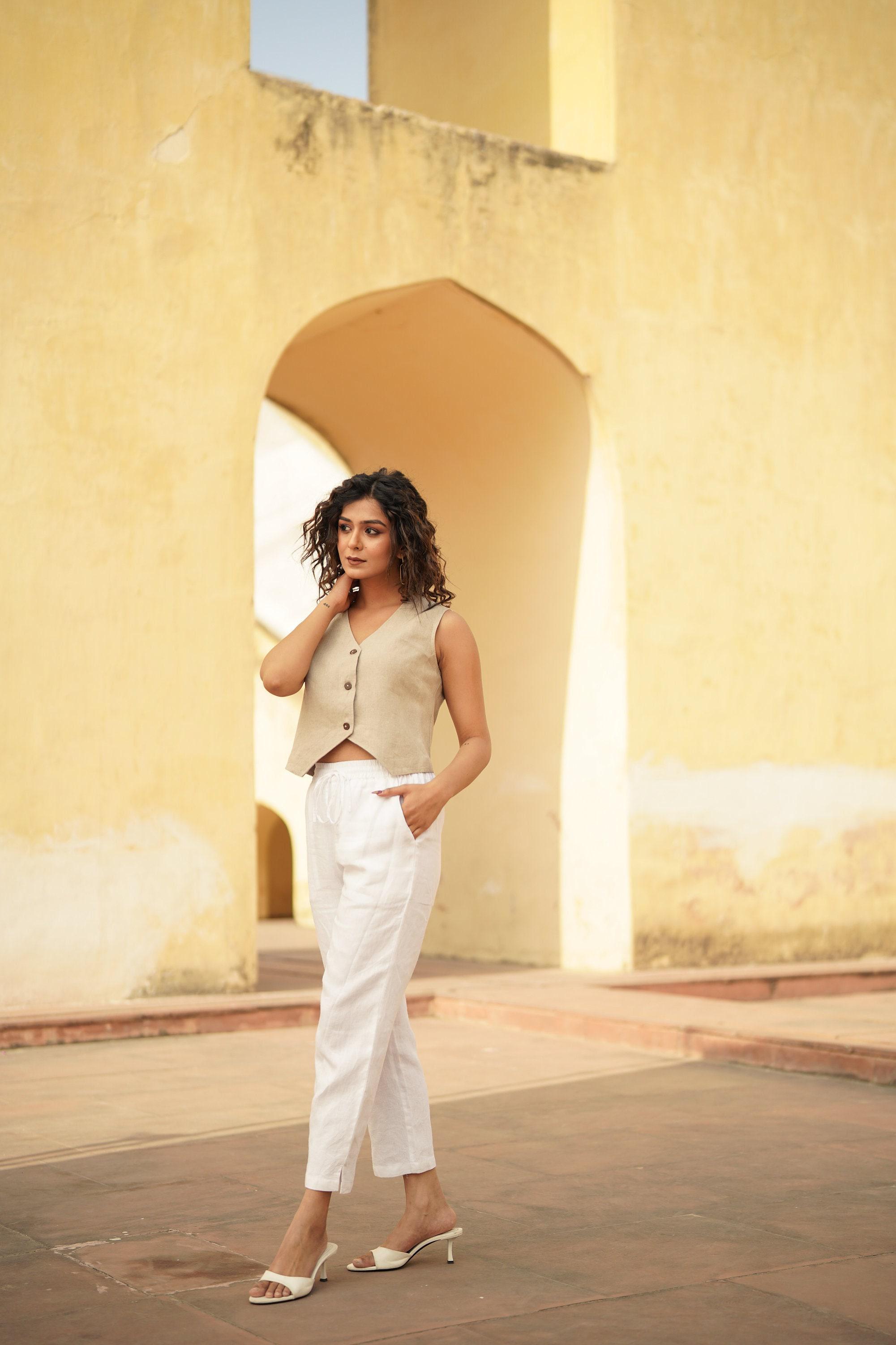 Linen Waistcoat | Cropped V Neck Vest, White, Button up Boho - Etsy
